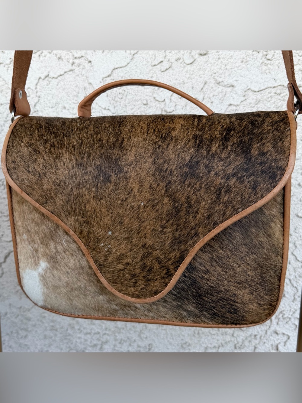 Leather Trim Brown Haircalf Crossbody Bag
